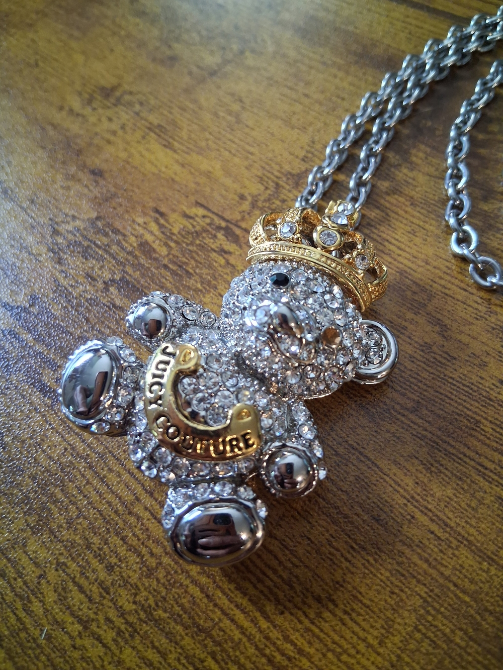 Vintage Juicy Couture Teddy Bear Pendant Necklace Rhinestone-Encrusted gold silv - Picture 5 of 11